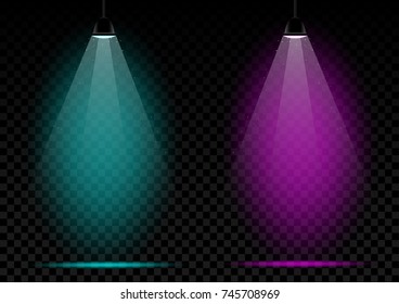 Neon blue azure and pink purple lamp light glowing on dark transparent background. Spotlights multicolor highlights empty template