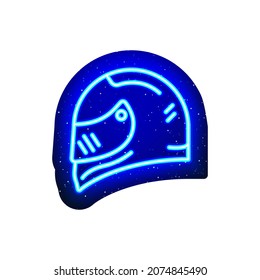 Neon Blue Biker Helmet Sign. Midnight Blue. Race With Neon. Helmet Linear Design. Realistic Neon Icon. There Is Mask Area On White Background.