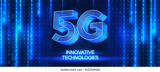 Neon blue binary code style background. Innovative 5th Generation network technology. High speed mobile internet network. Abstract vector illustration. 