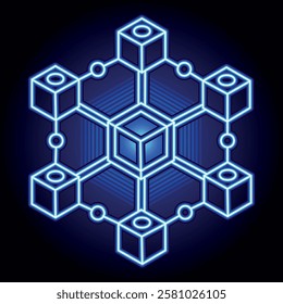 Neon blue blockchain cube network with interconnected nodes, symbolizing digital security and decentralization