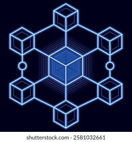 Neon blue blockchain cube network, symbolizing digital security, decentralization, and futuristic technology