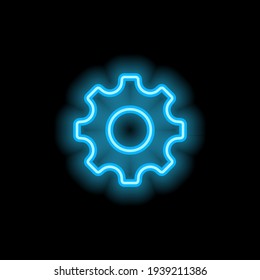 Neon blue bright cogwheel sign linear outline mechanism glowing simple geometric graphic vector illustration.