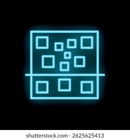 Neon blue building facade is glowing on a black background