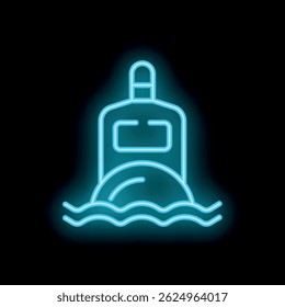 Neon blue buoy floating on the water surface at night, maritime safety and navigation concept