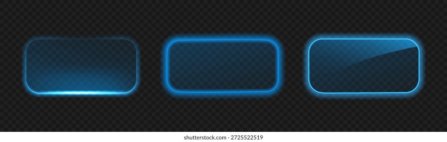 Marco de Botón azul neón aislado en negro. Borde ajustado con efecto de luz.