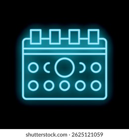 Neon blue calendar icon glowing on black background, concept of planning and scheduling
