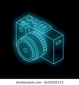 Ícone de câmera azul neon brilhando sobre um fundo preto, representando fotografia, tecnologia e criatividade