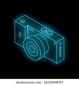 Neon blue camera outline glowing on a dark background, symbolizing photography, technology, and creativity