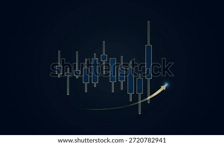Neon blue candlesticks rise steadily, culminating in a glowing golden upward arrow used in Forex trading background concepts vector