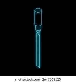 Neon blue chisel glowing on dark background, perfect illustration for woodworking and carpentry
