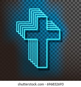 Neon blue christian cross on a transparent background. Decorative realistic retro element for web design.  Vector Illustration.