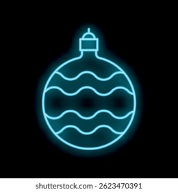Neon blue christmas bauble with wavy pattern glowing on black background