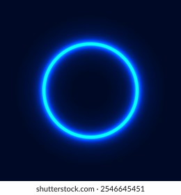 Neon blue circle background. Neon blue circle beam. Vector illustration. Glowing blue neon lighting isolated on black background.	