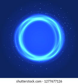 Neon blue circle background. Vector round frame. Shining circle banner.