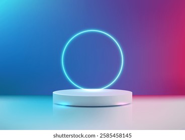 Neon blue circle hovers above a 3D white platform in a gradient pink and blue room, glow on the reflective floor. Futuristic technology concepts, product displays, and modern design