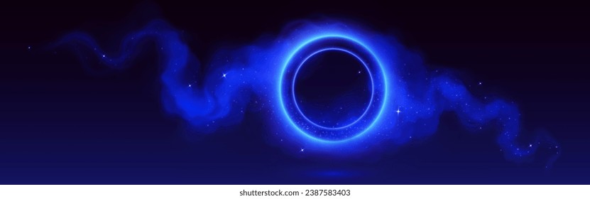 Neon blue circle in sparkling cloud of smoke. Vector realistic illustration of round frame glowing in shimmering fog, milky way stars in night sky, illuminated led light border, abstract stardust mist