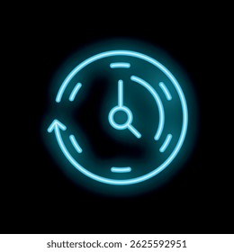 Neon blue clock face with arrow surrounding it showing time passing and recurring concept on black background