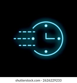 Neon blue clock face with dashes radiating out from the left side representing quickly passing time