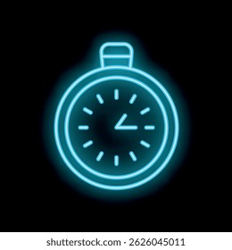 Relógio azul néon mostrando um quarto da hora passada no plano de fundo preto