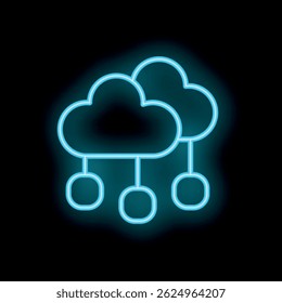 Neon blue cloud computing icon is glowing on a black background, representing data storage and network connectivity