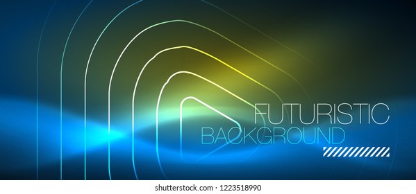 Neon blue color glowing techno lines, hi-tech futuristic abstract background template with geometric shapes, vector illustration