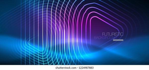 Neon blue color glowing techno lines, hi-tech futuristic abstract background template with geometric shapes, vector illustration