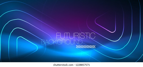 Neon blue color glowing techno lines, hi-tech futuristic abstract background template with geometric shapes, vector illustration