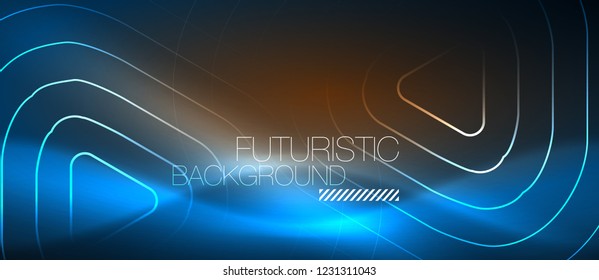 Neon blue color glowing techno lines, hi-tech futuristic abstract background template with geometric shapes, vector illustration