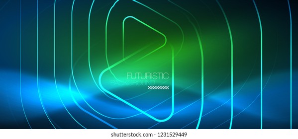 Neon blue color glowing techno lines, hi-tech futuristic abstract background template with geometric shapes, vector illustration