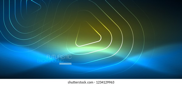 Neon blue color glowing techno lines, hi-tech futuristic abstract background template with geometric shapes, vector illustration