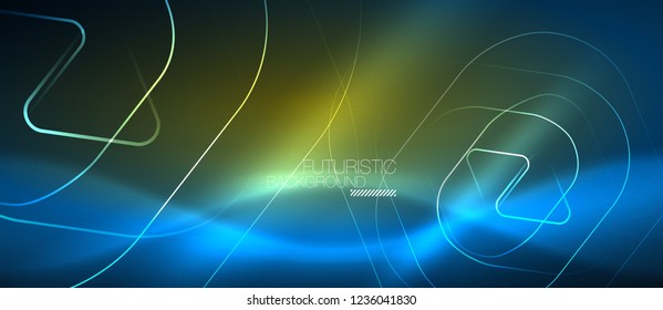 Neon blue color glowing techno lines, hi-tech futuristic abstract background template with geometric shapes, vector illustration