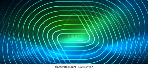 Neon blue color glowing techno lines, hi-tech futuristic abstract background template with geometric shapes, vector illustration