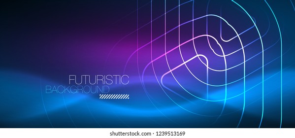Neon blue color glowing techno lines, hi-tech futuristic abstract background template with geometric shapes, vector illustration