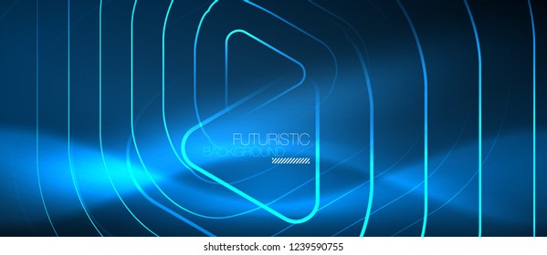 Neon blue color glowing techno lines, hi-tech futuristic abstract background template with geometric shapes, vector illustration