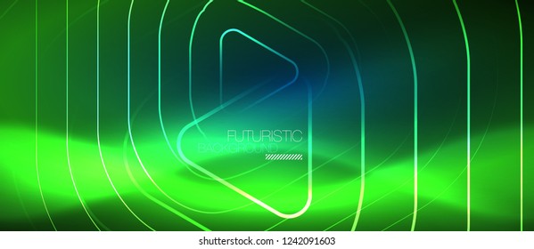 Neon blue color glowing techno lines, hi-tech futuristic abstract background template with geometric shapes, vector illustration