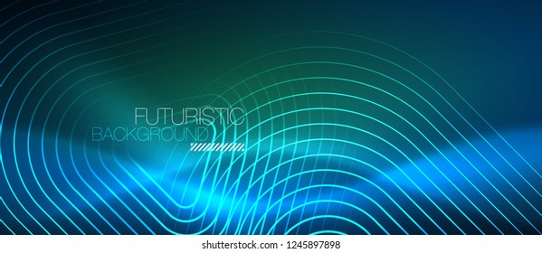 Neon blue color glowing techno lines, hi-tech futuristic abstract background template with geometric shapes, vector illustration