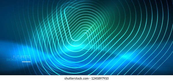 Neon blue color glowing techno lines, hi-tech futuristic abstract background template with geometric shapes, vector illustration