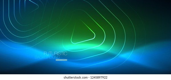 Neon blue color glowing techno lines, hi-tech futuristic abstract background template with geometric shapes, vector illustration