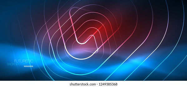 Líneas tecno brillantes de color azul neón, plantilla de fondo abstracto de alta tecnología futurista con formas geométricas, ilustración vectorial