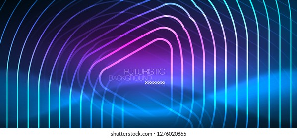 Neon blue color glowing techno lines, hi-tech futuristic abstract background template with geometric shapes, vector illustration
