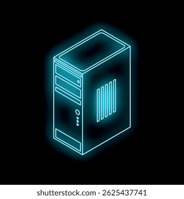 Neon blue computer case glowing on a dark background, symbolizing technological advancement and computing power