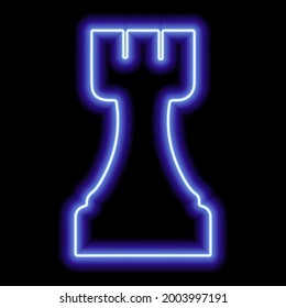 Neon blue contour chess figure rook on a black background. Vector illustration