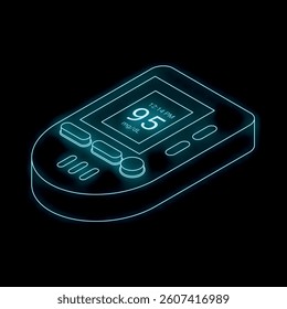 Neon blue contour of a glucometer showing blood glucose level on a black background, isometric view