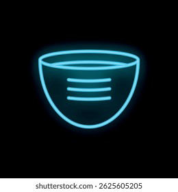 Neon blue contour of a menstrual cup glowing on a black background