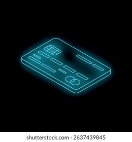 Neon blue credit card is glowing on a dark background, symbolizing online payment