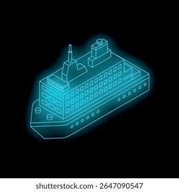 Neon blue cruise ship sailing on a black background, representing futuristic travel and maritime innovation