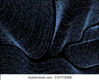 Neon blue curve lines of multiple square confetti on black. Luxury vector background with shiny stardust glitters. Holiday confetti dust curves stripes. Christmas glitter flow, glossy lights print.