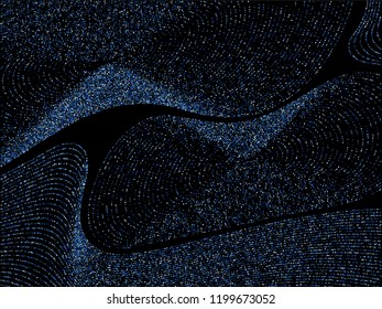 Neon blue curve lines of multiple square confetti on black. Luxury vector background with shiny stardust glitters. Holiday confetti curved lines. Brilliant glitter flow pattern, glossy lights print.