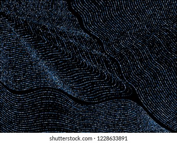 Neon blue curve lines of multiple circles scatter on black. Rich vector background with shiny stardust glitters. Holiday confetti dust curves stripes. Christmas glitter flow, glossy lights print.