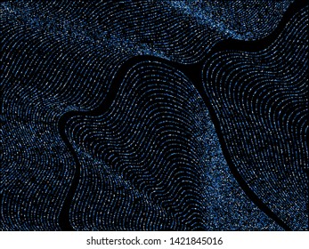 Neon blue curve lines of multiple square confetti on black. Luxury vector background with shiny stardust glitters. Holiday confetti curved lines. Luminous glitter flow pattern, glossy lights print.